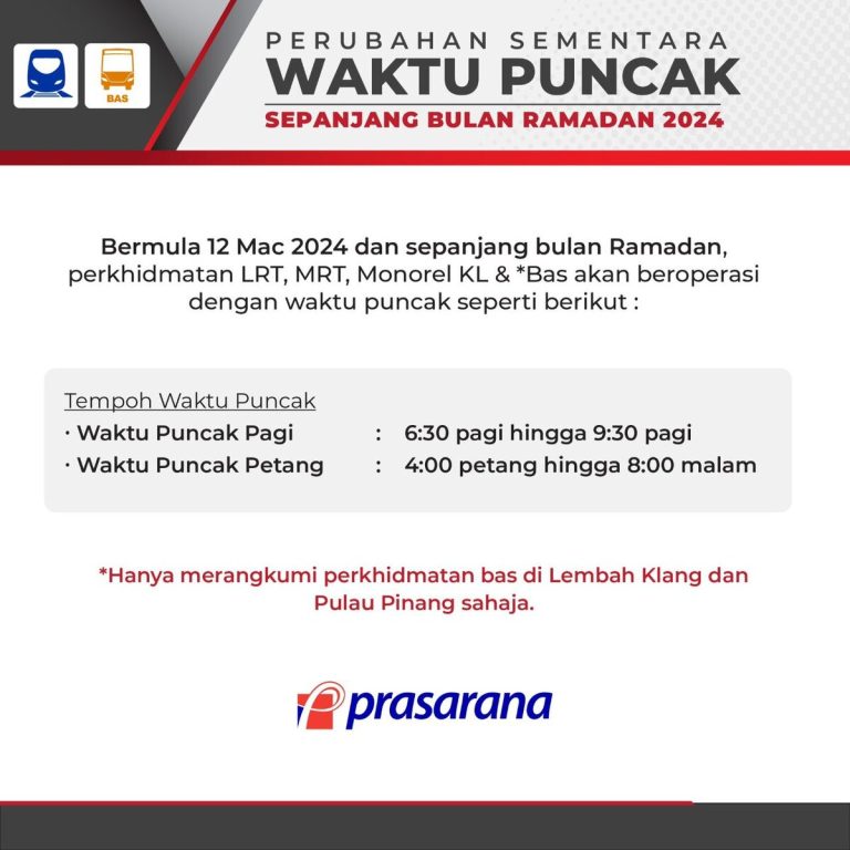 Prasarana selaras waktu puncak perkhidmatan rel dan bas sempena bulan Ramadan